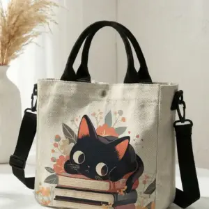 Beige Handtasche mit schwarzer Katze auf Büchern und schwarzem Schultergurt
