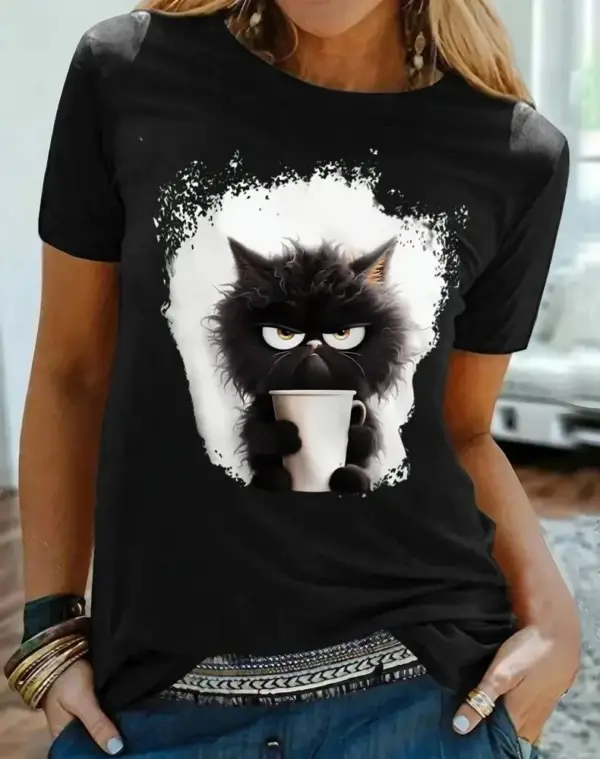 Geschenke für Katzenliebhaber: T-Shirt mit grimmiger Kaffee-Katze