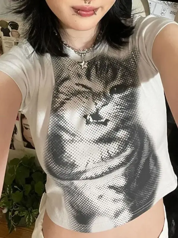 Geschenke für Katzenliebhaber: Damen-T-Shirt, Katzen-Rasterdruck – Bild 2