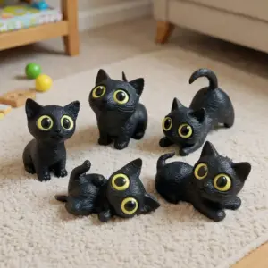 Fünf kleine schwarze Katzenfiguren mit gelben Augen auf einem beigen Teppich