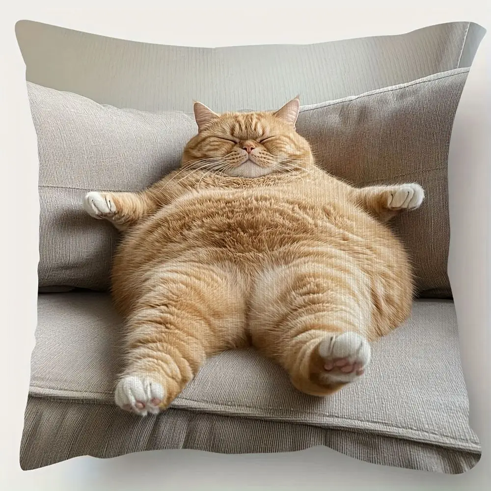 Kissenbezug mit Motiv einer entspannten orangefarbenen Katze, die auf einem grauen Sofa liegt