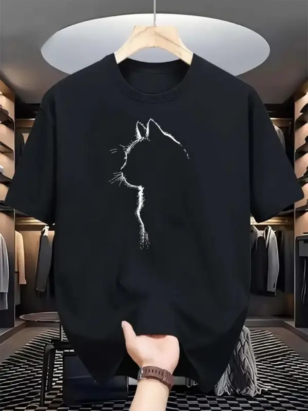 Herren T-Shirt Baumwolle mit Katzen-Silhouette, Rundhals