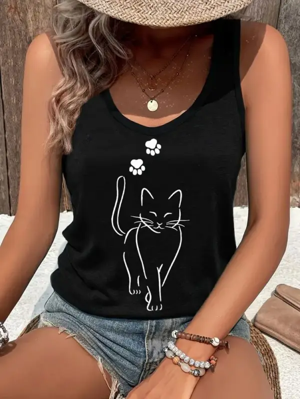 Damen Trägertop mit Katzenmotiv und Pfotenabdrücken