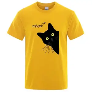 Gelbes Herren-T-Shirt mit Katzenmotiv und Schriftzug meow