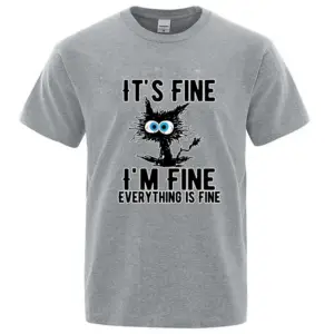 Graues Herren-T-Shirt mit Aufdruck einer zerzausten Katze und Schriftzug