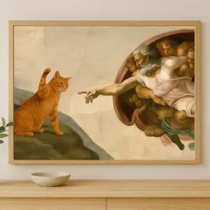 Querformatiges Wandbild mit orange Katze im Stil der Erschaffung Adams im Holzrahmen
