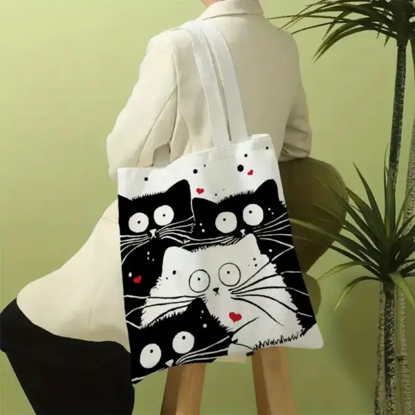 Shopper aus Leinen mit Katzen-Motiv und zwei Henkeln