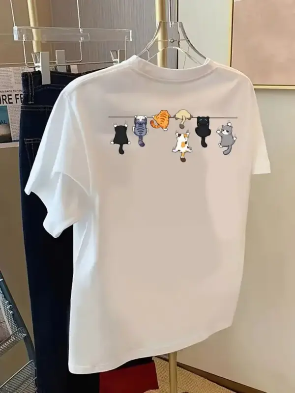 Damen T-Shirt aus Baumwolle mit kleinen Katzen, Rundhals – Bild 2