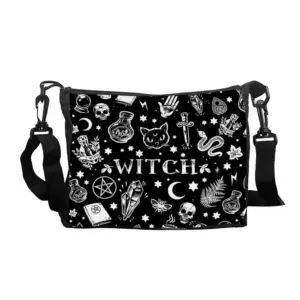 Schwarze Umhängetasche mit weißem Hexen-Motiv und Katzenkopf