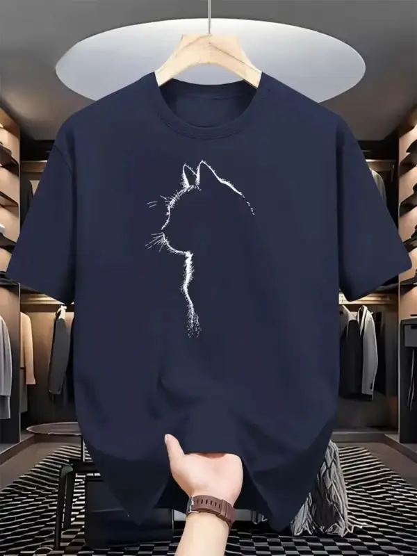 Herren T-Shirt Baumwolle mit Katzen-Silhouette, Rundhals – Bild 2