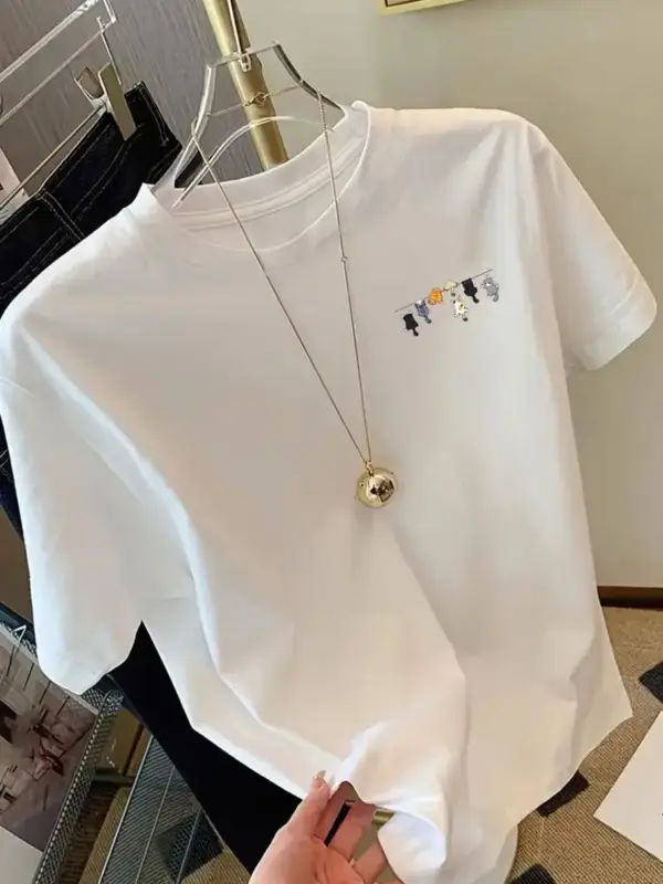 Damen T-Shirt aus Baumwolle mit kleinen Katzen, Rundhals