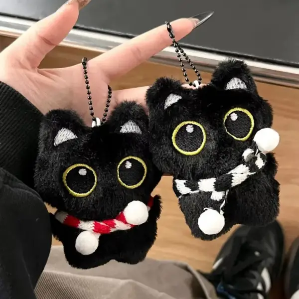Katzen-Anhänger aus Plüsch mit Schal, große Augen, Kugelkette – Bild 2