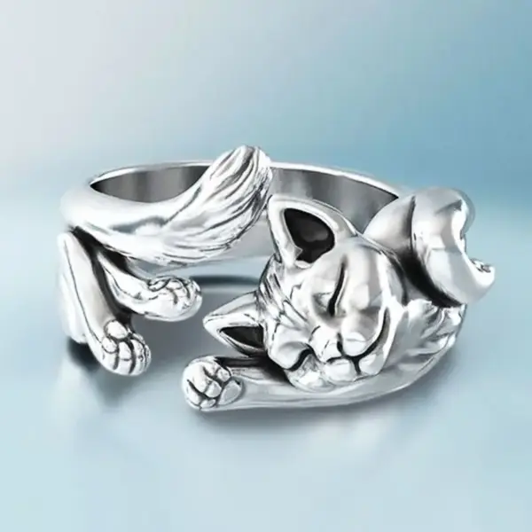 Geschenke für Katzenliebhaber: Ring Damen mit schlafender Katze – Bild 2