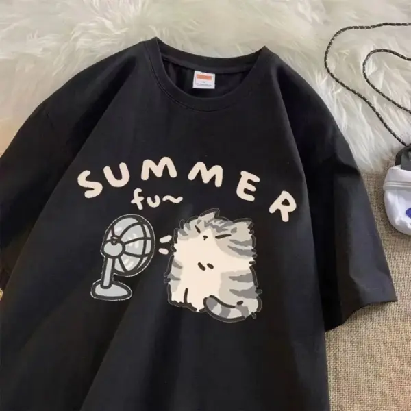 T-Shirt Damen mit Katze vor Ventilator und Schriftzug – Bild 7