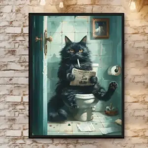 Retro-Poster Katze liest Zeitung auf der Toilette, Canvas – Petrol – Toilette