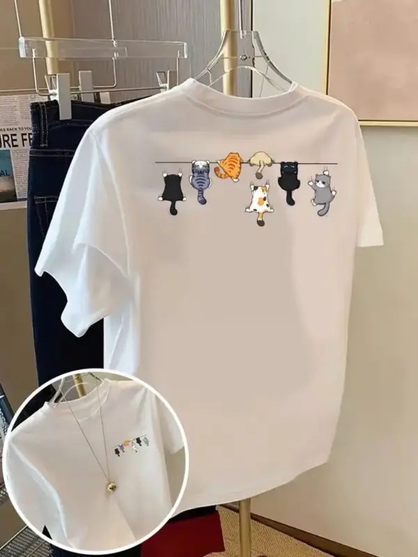 Damen T-Shirt aus Baumwolle mit kleinen Katzen, Rundhals – Bild 5