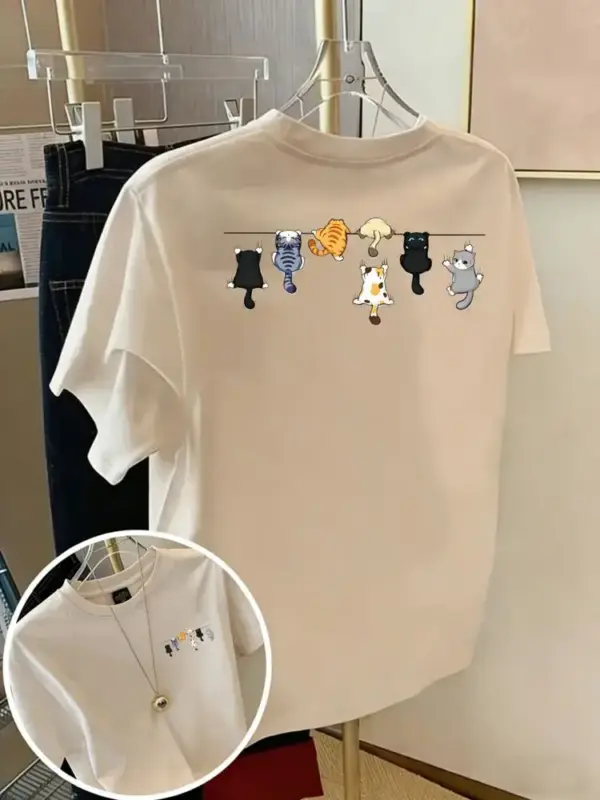 Damen T-Shirt aus Baumwolle mit kleinen Katzen, Rundhals – Bild 13