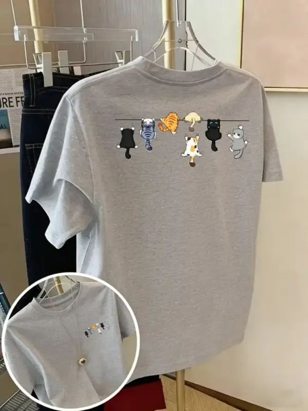 Damen T-Shirt aus Baumwolle mit kleinen Katzen, Rundhals – Bild 12