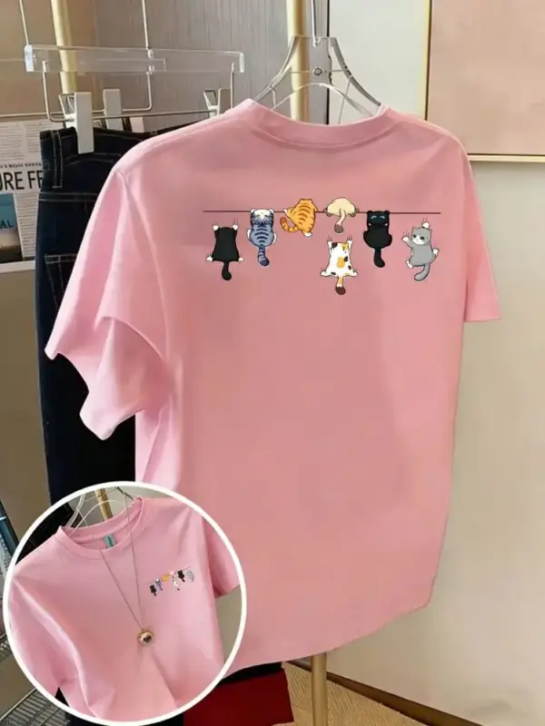 Damen T-Shirt aus Baumwolle mit kleinen Katzen, Rundhals – Bild 11