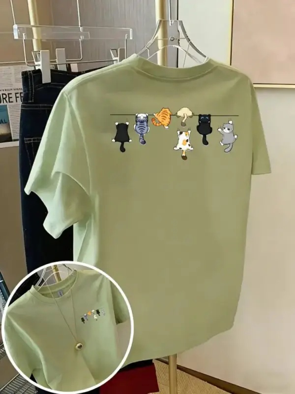 Damen T-Shirt aus Baumwolle mit kleinen Katzen, Rundhals – Bild 10