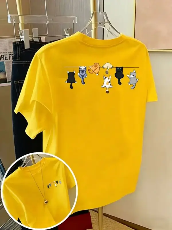 Damen T-Shirt aus Baumwolle mit kleinen Katzen, Rundhals – Bild 8