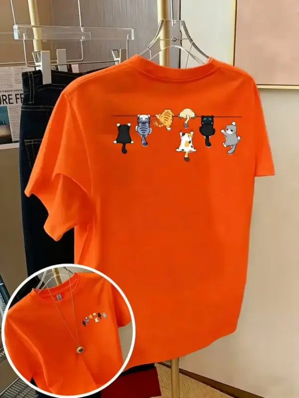 Damen T-Shirt aus Baumwolle mit kleinen Katzen, Rundhals – Bild 9