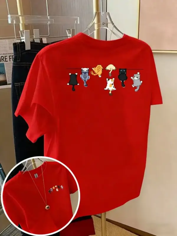 Damen T-Shirt aus Baumwolle mit kleinen Katzen, Rundhals – Bild 17