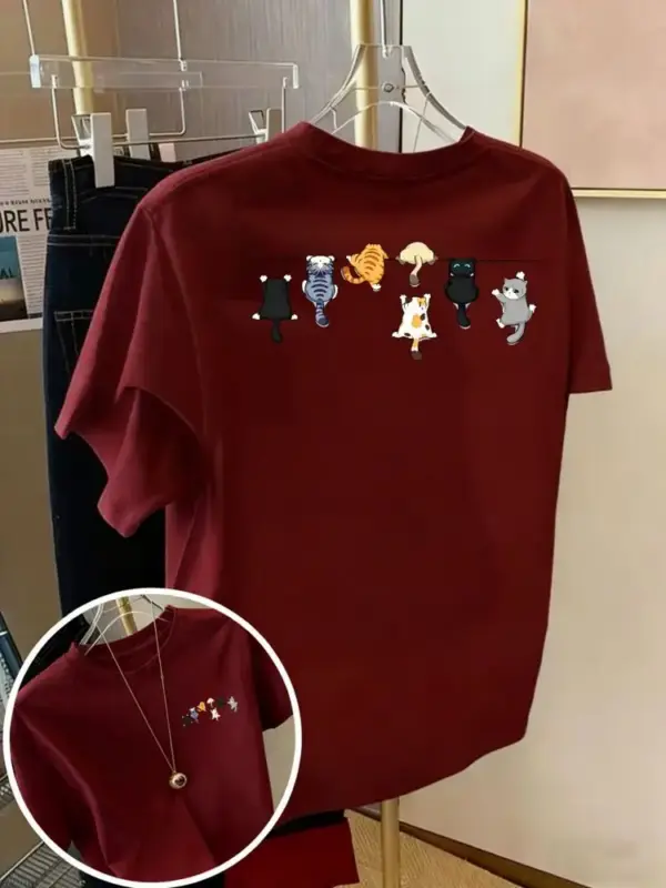 Damen T-Shirt aus Baumwolle mit kleinen Katzen, Rundhals – Bild 16