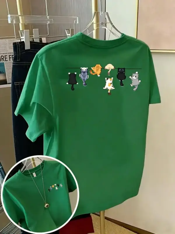Damen T-Shirt aus Baumwolle mit kleinen Katzen, Rundhals – Bild 15