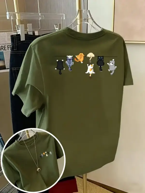 Damen T-Shirt aus Baumwolle mit kleinen Katzen, Rundhals – Bild 14