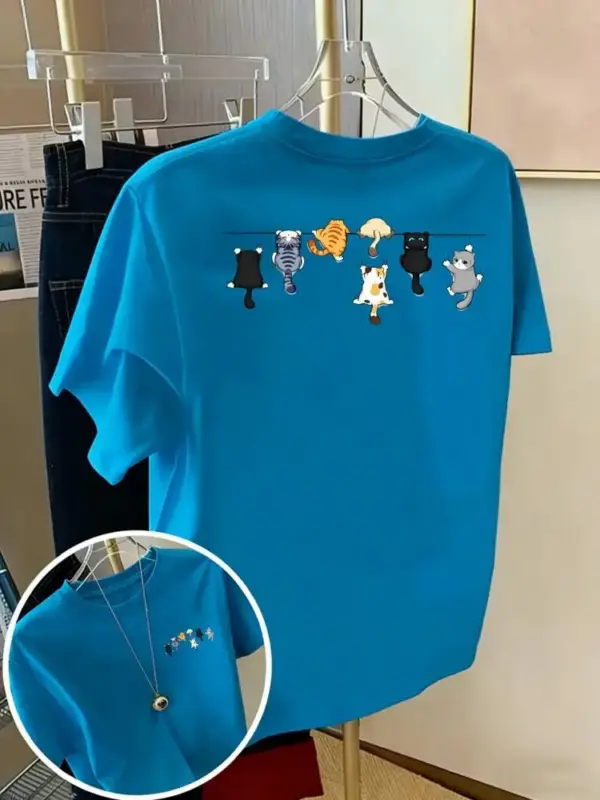 Damen T-Shirt aus Baumwolle mit kleinen Katzen, Rundhals – Bild 22