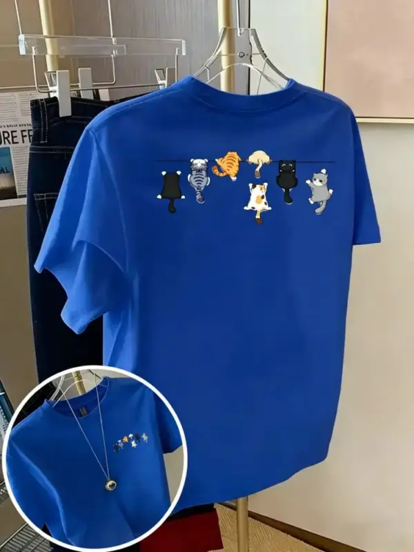 Damen T-Shirt aus Baumwolle mit kleinen Katzen, Rundhals – Bild 21