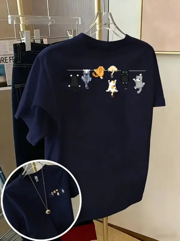 Damen T-Shirt aus Baumwolle mit kleinen Katzen, Rundhals – Bild 20