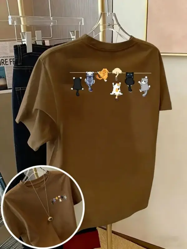 Damen T-Shirt aus Baumwolle mit kleinen Katzen, Rundhals – Bild 19