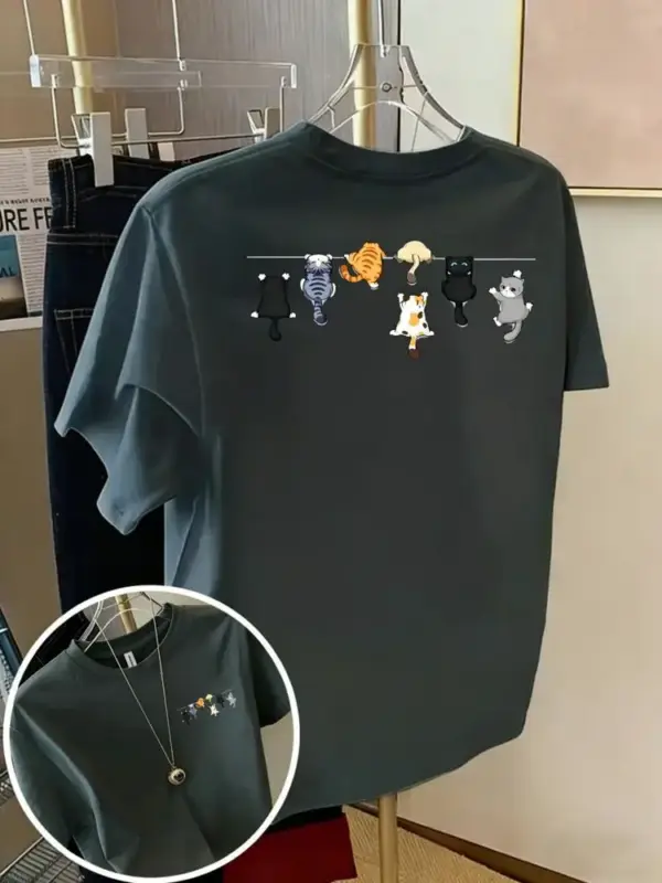 Damen T-Shirt aus Baumwolle mit kleinen Katzen, Rundhals – Bild 7