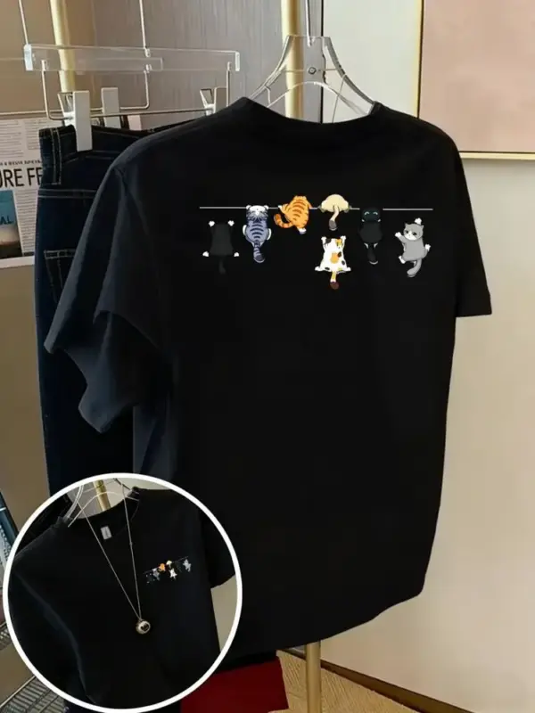 Damen T-Shirt aus Baumwolle mit kleinen Katzen, Rundhals – Bild 6