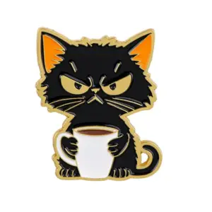 Geschenke für Katzenliebhaber: Emaille-Pins mit Kaffee-Motiven – Schwarz – Katze