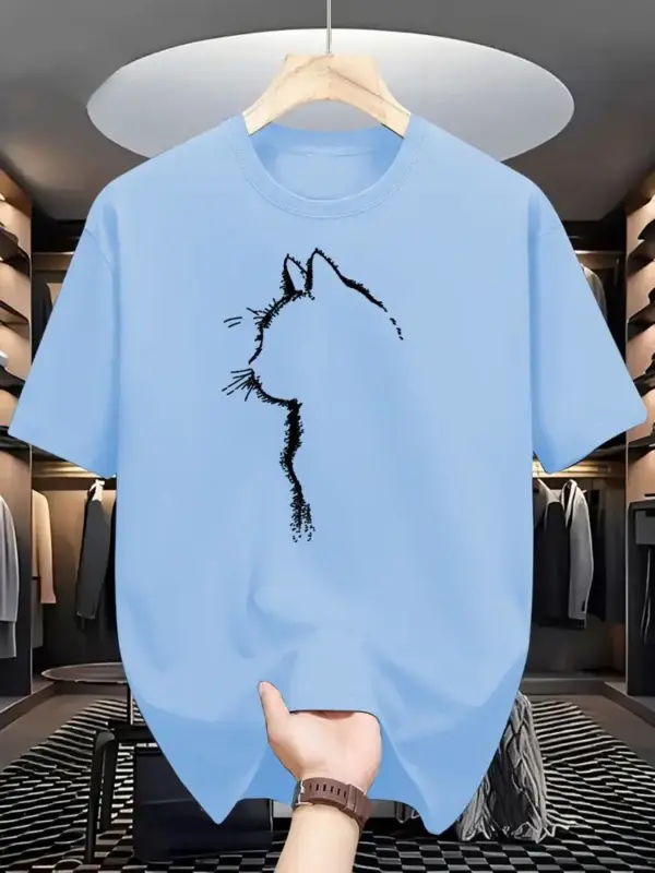 Herren T-Shirt Baumwolle mit Katzen-Silhouette, Rundhals – Bild 5