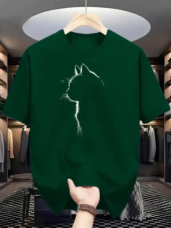 Herren T-Shirt Baumwolle mit Katzen-Silhouette, Rundhals – Bild 7