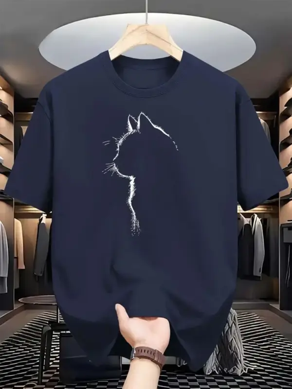 Herren T-Shirt Baumwolle mit Katzen-Silhouette, Rundhals – Bild 3