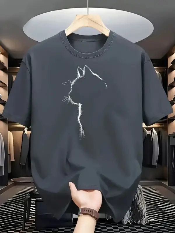 Herren T-Shirt Baumwolle mit Katzen-Silhouette, Rundhals – Bild 6
