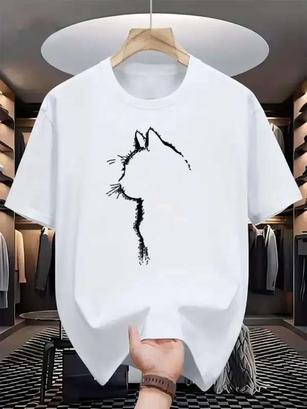Herren T-Shirt Baumwolle mit Katzen-Silhouette, Rundhals – Bild 8